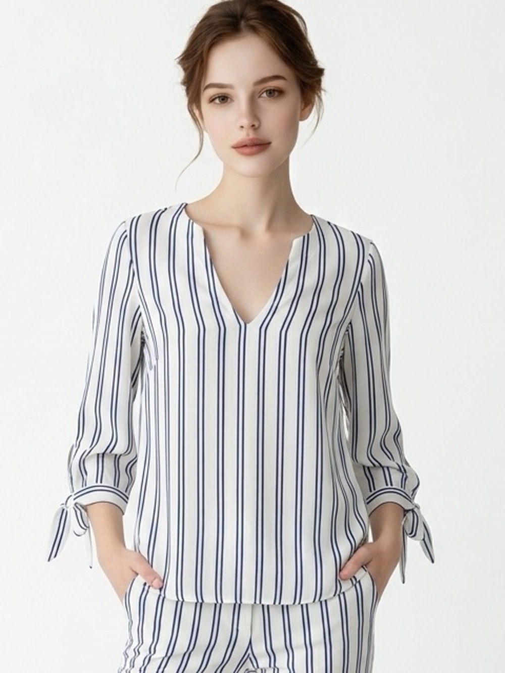 Michael Kors Nautical Beach VacationStriped Blouse with Tie Sleeves Medium 198